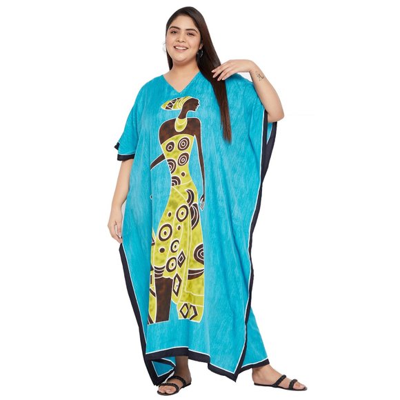 Women Plus Size Fit and Flare Tribal Print Sky Blue Kaftan Dress by Gypsie Blu - Picture 7 of 9